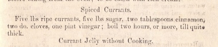 Spiced Currants recipe from “A Domestic Cookbook: Containing a Careful Selection of Useful Receipts for the Kitchen" by Malinda Russell.