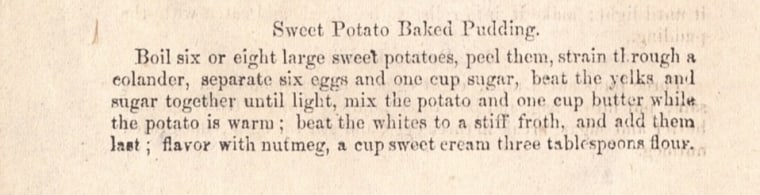 Sweet Potato Baked Pudding recipe from “A Domestic Cookbook" by Malinda Russell.
