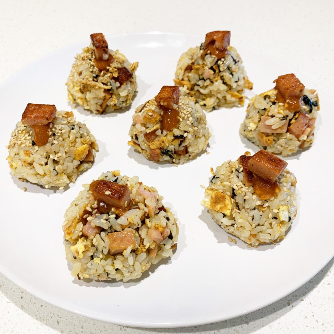 Crispy Spam, Chili Egg & Seasoned Nori Rice Balls