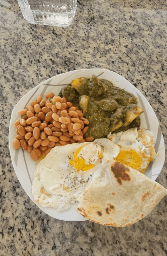 Chile verde con carne and potatoes, beans and eggs...and tortillas