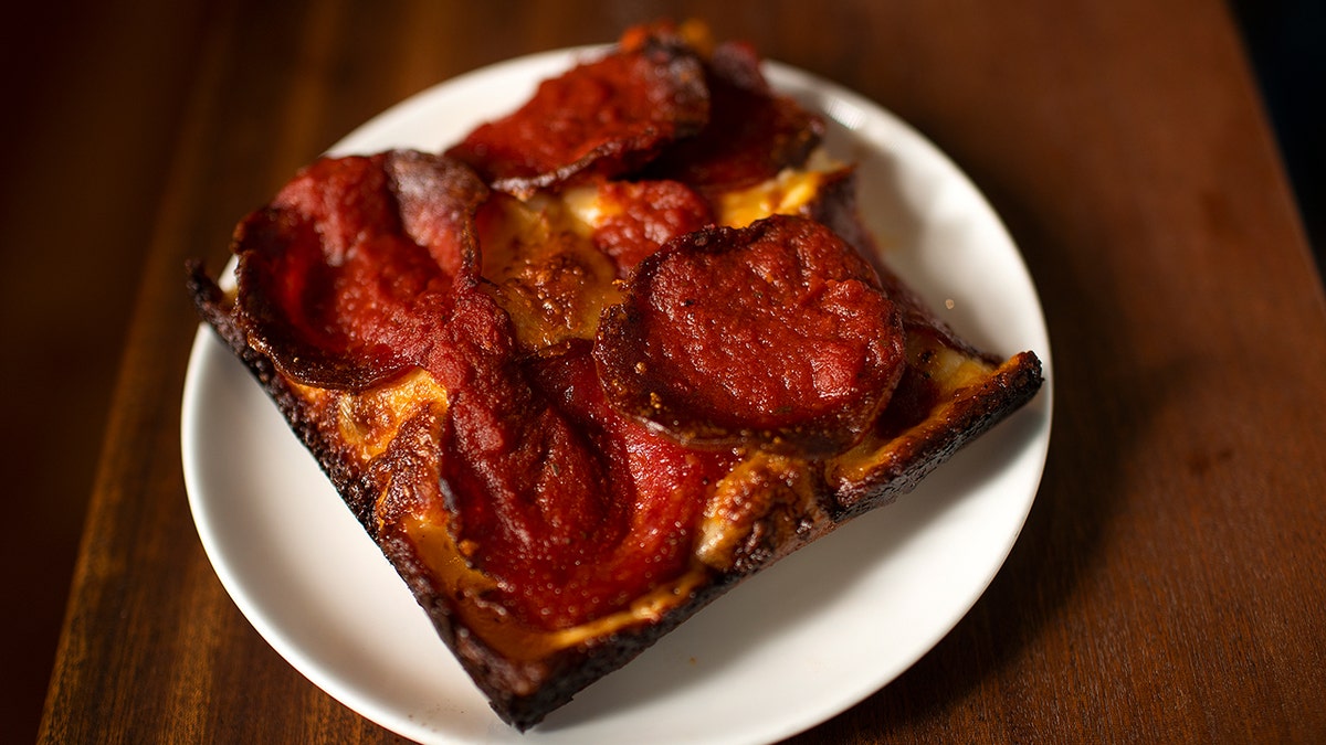 Detroit style pizza on plate