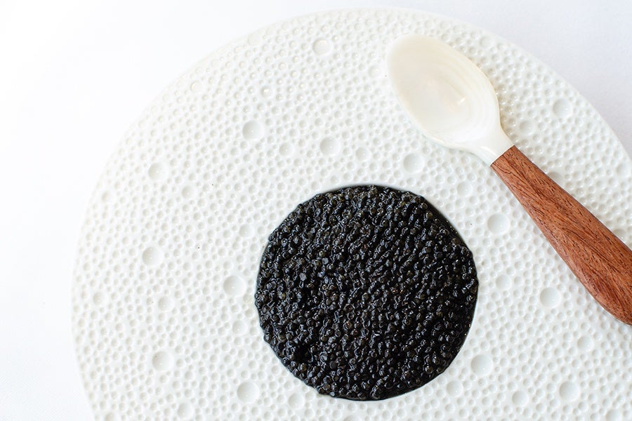Overhead view of an elegant white plate with dot-like impressions filled with a large portion of caviar, accompanied by a small caviar spoon with a wooden handle.