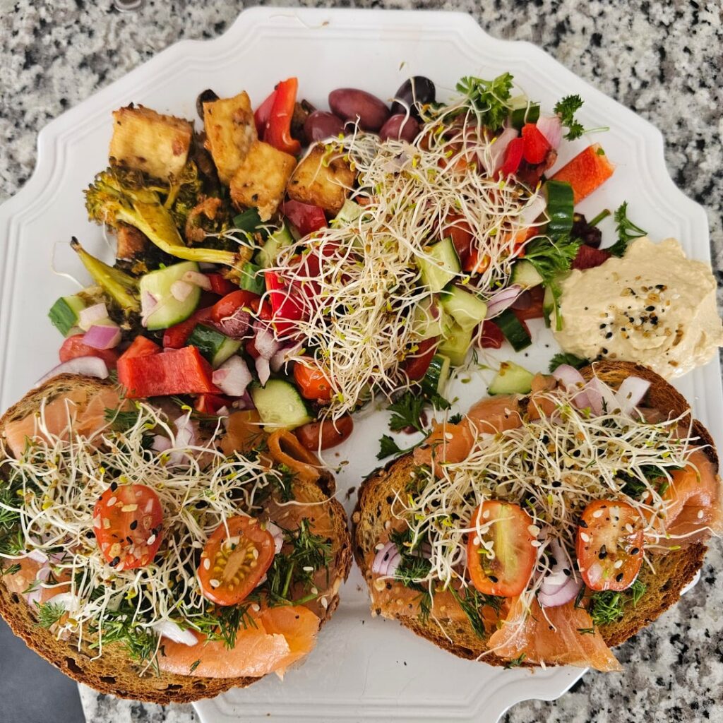 Mediterranean Lunch Plate & Meal Prep– Smoked Salmon, Tofu, Sprouts & Fresh Veggies