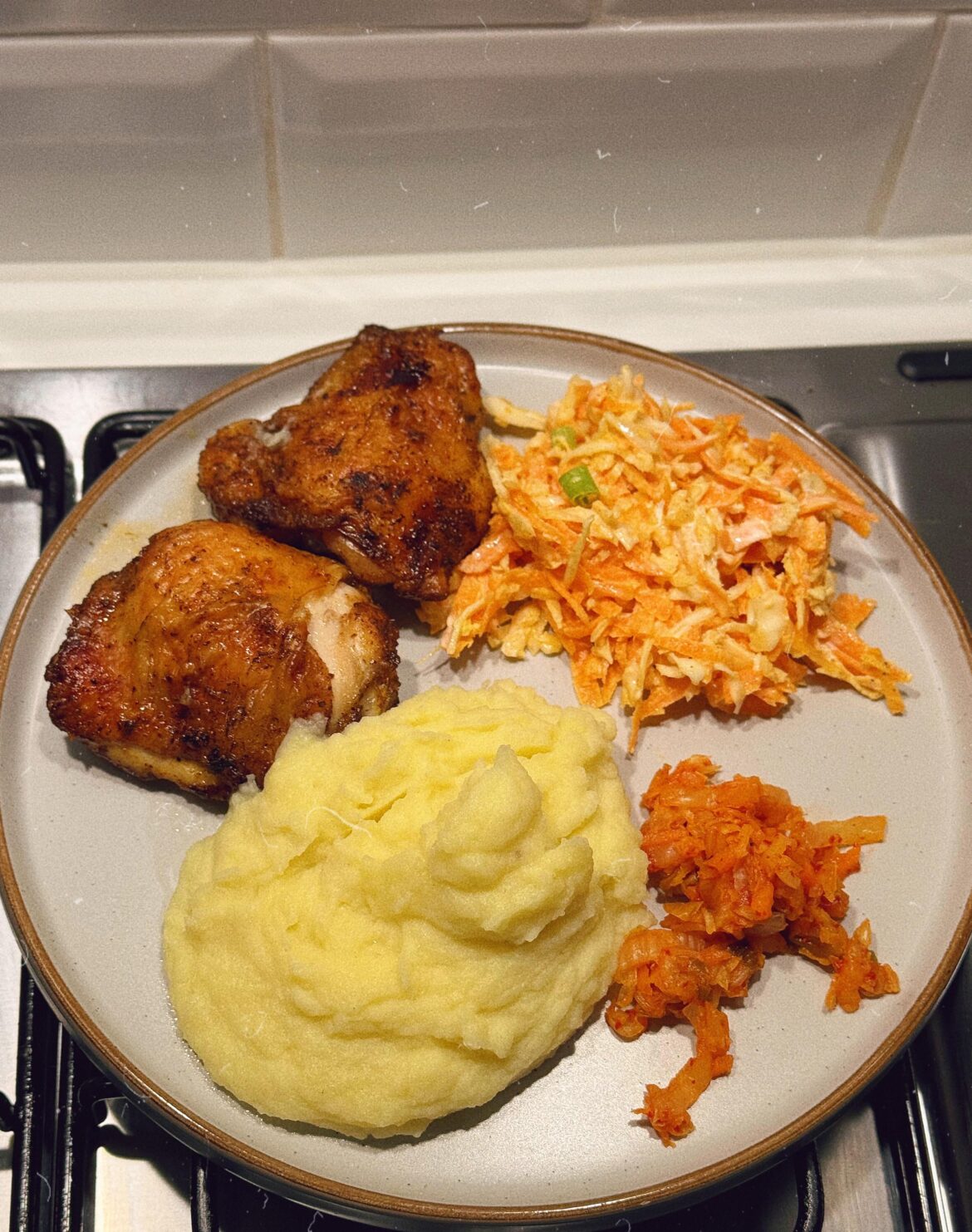 Roast chicken, mash, slaw and kimchi.