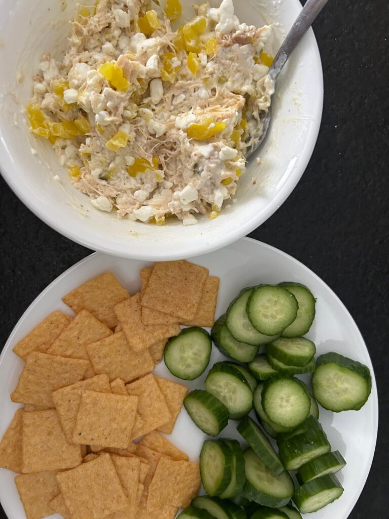 Lunch- chicken salad with good thins and cucumber for scooping