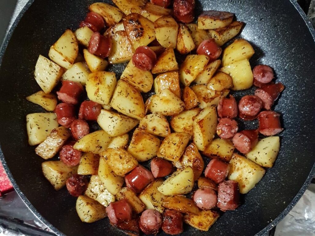 1. Butter cooked fries and sausages with garlic, thyme and Pecorino Romano. 2. Tried making 18th century cheese soup and definitely ended up with a porridge.