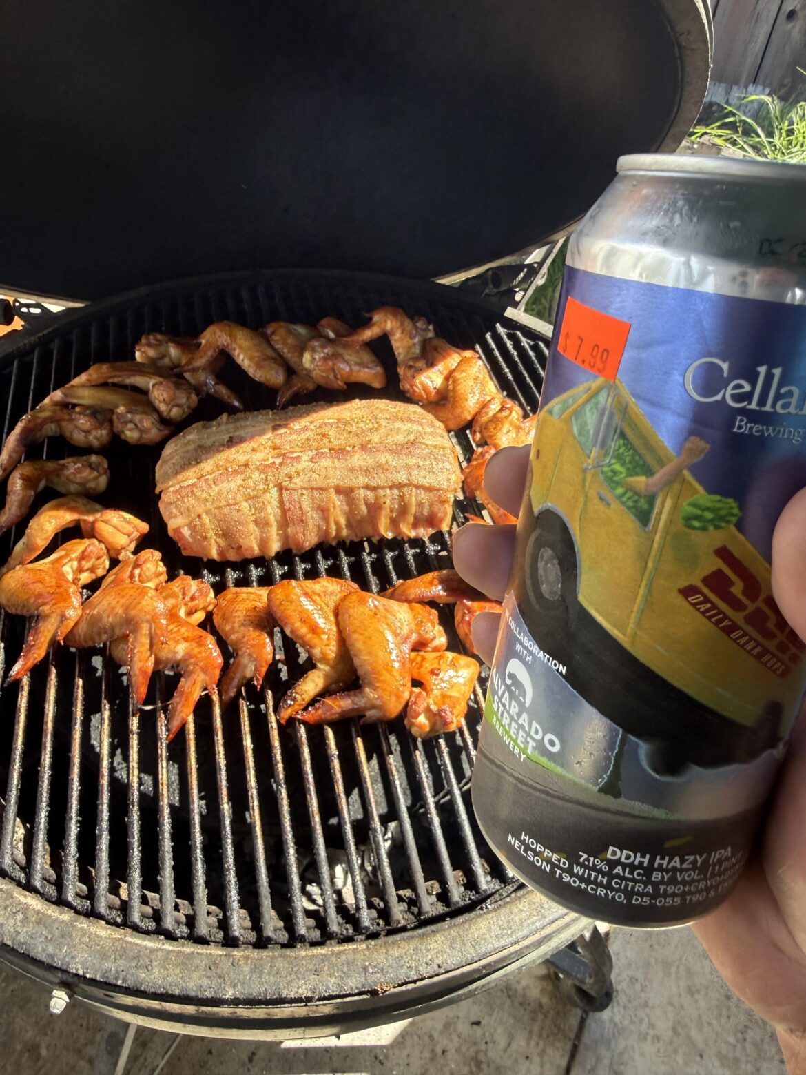 Wings $2 lb. Pork loin $2 lb. $5 pack of hoffy bacon. $25 total.