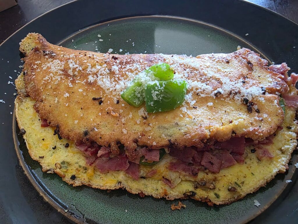 Turkey bacon, egg and cheese omelet.
