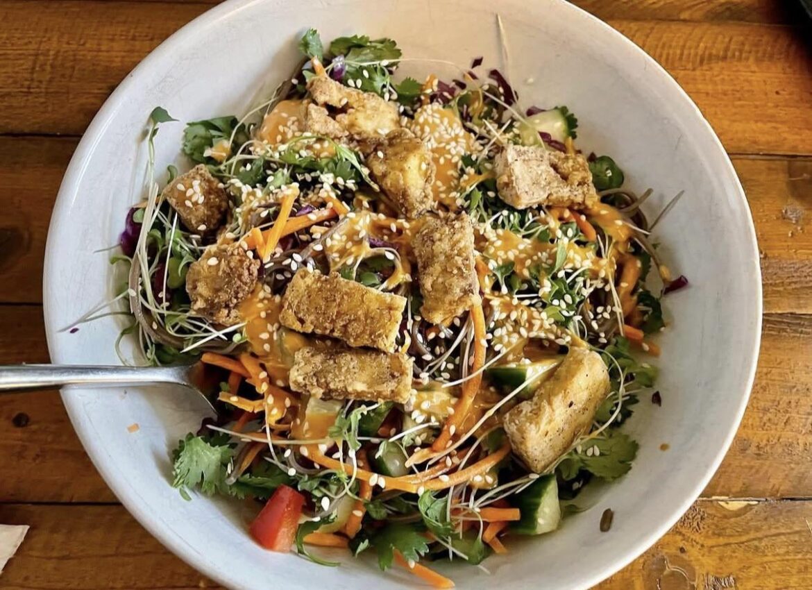 Spicy peanut Soba noodle salad with crispy air fried tofu.