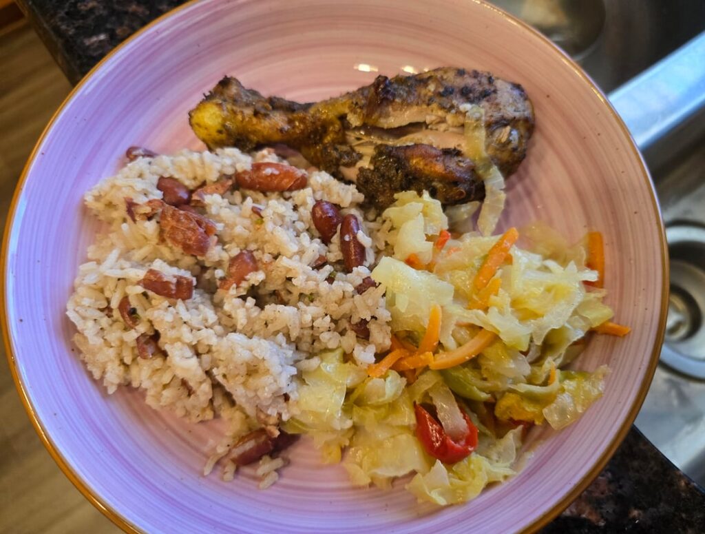 First time making Jamaican food. Jerk chicken, Rice and peas and steamed cabbage. It tasted very authentic.