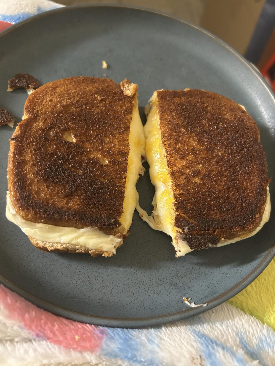 Cabot American and Wegmans brand Sharp Cheddar with some bacon bits hidden in the middle.