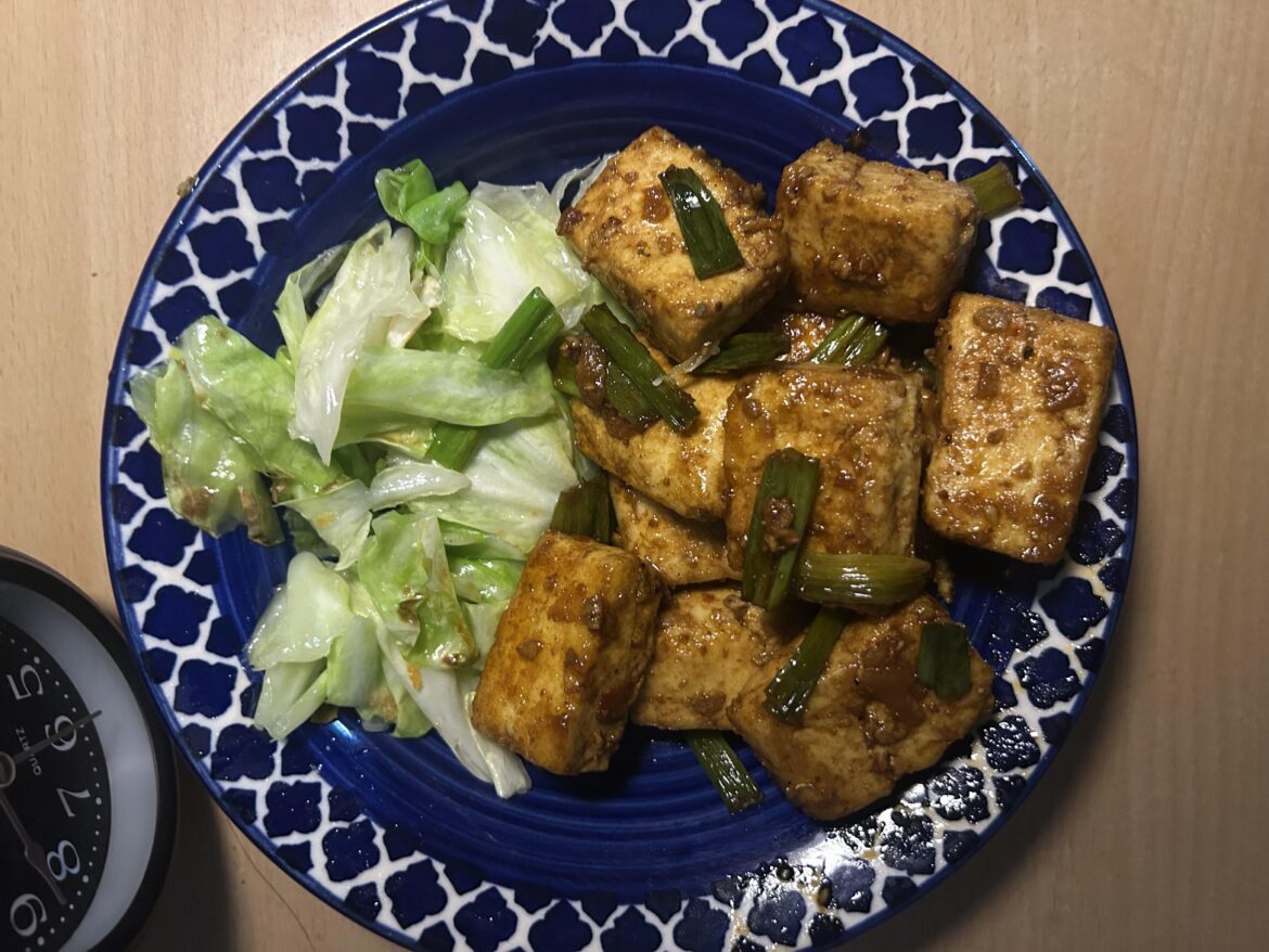 Cottage cheese sautéed with spring onions (used soy sauce, black vinegar, orange juice, brown sugar with paprika)