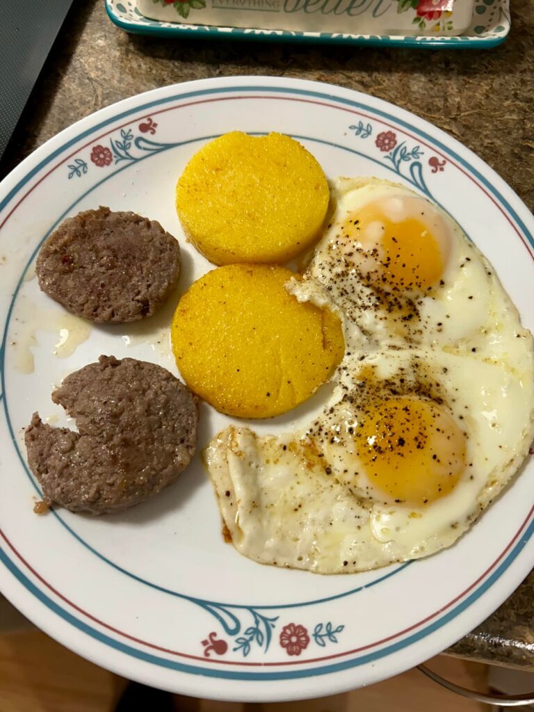 Sausage, mush, and eggs