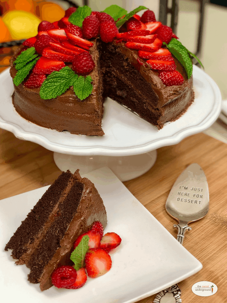 Vegan Devil's Food Cake ❤️ iced with a luscious chocolate buttercream frosting