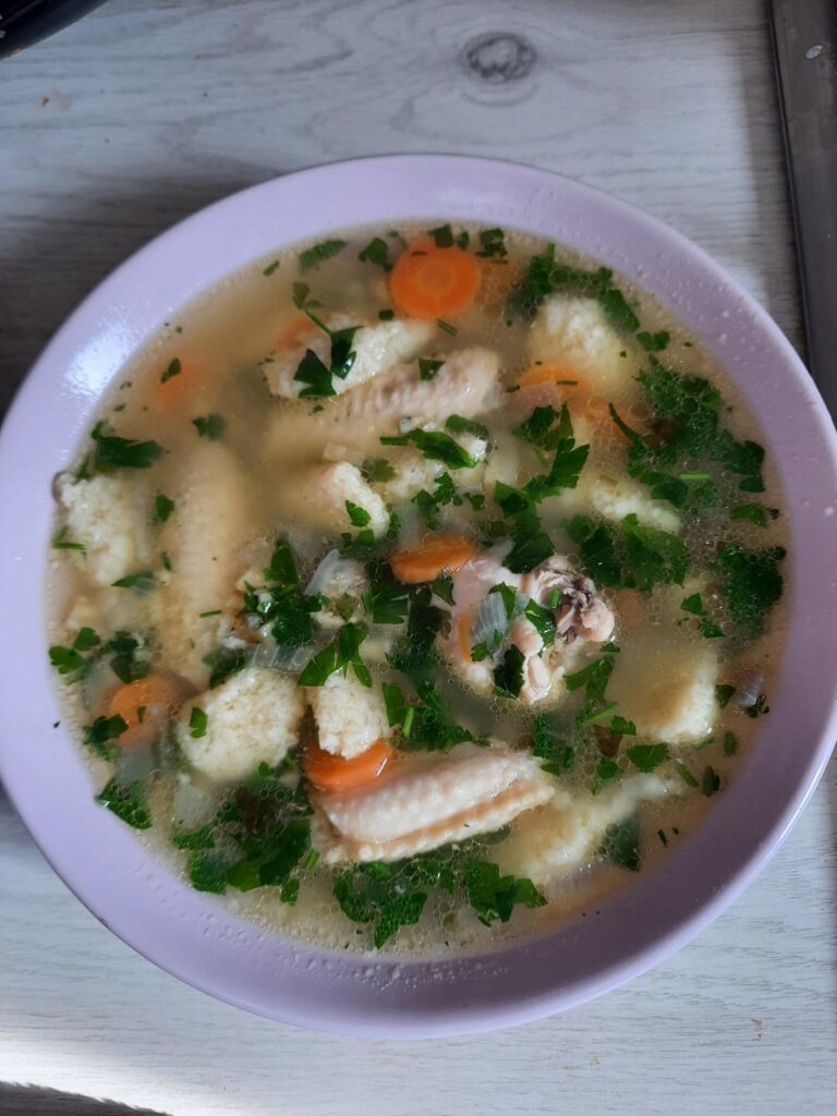 Chicken soup with wheat semolina dumplings & griș cu lapte (sweet wheat semolina with milk)