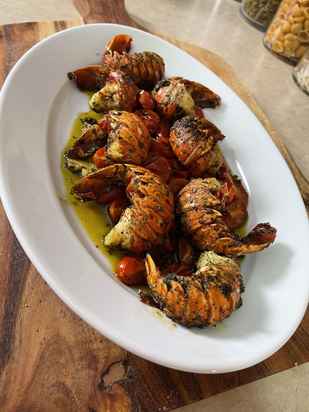 Butter-Roasted Lobster Tails with Cherry Tomatoes, Garlic, and Olive Oil [OC]