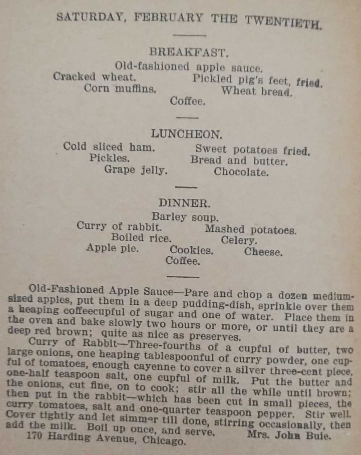 Menu February 20th 1896