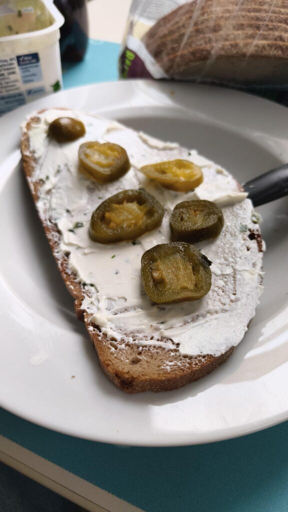 This has been my breakfast for past few days (bread with cream cheese / quark and pickled jalapeños)