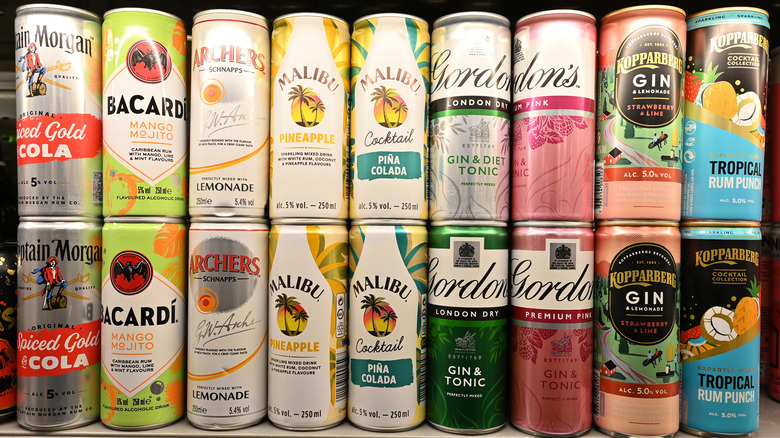 Stacked cans of various pre-mixed cocktails