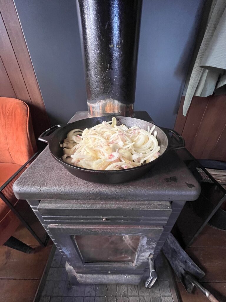 Caramelizing onions in a forest cabin