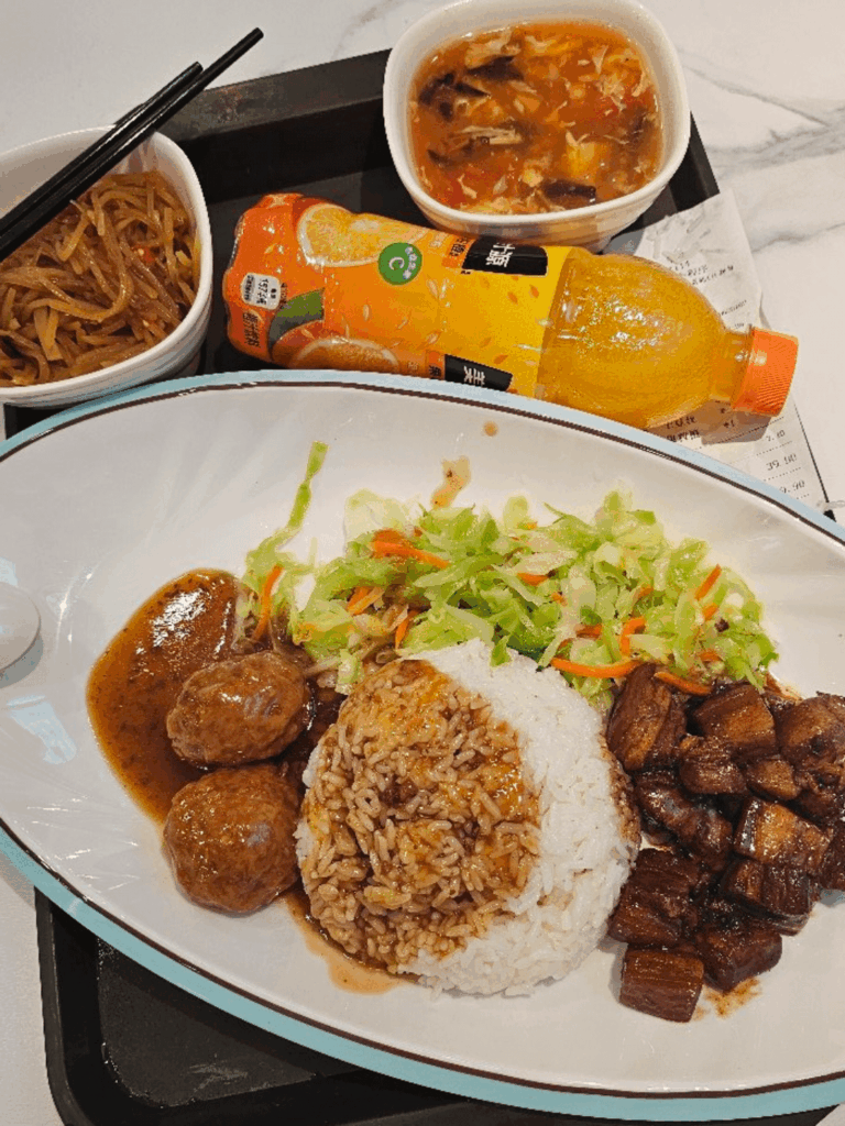 Rice with cabbage, meatball, pork belly + tomato egg drop soup