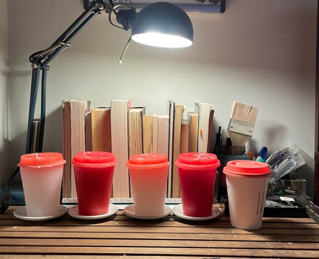 i made candles in the shape of disposable coffee cups