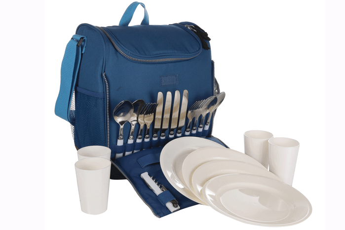 blue backpack with four plates and cups