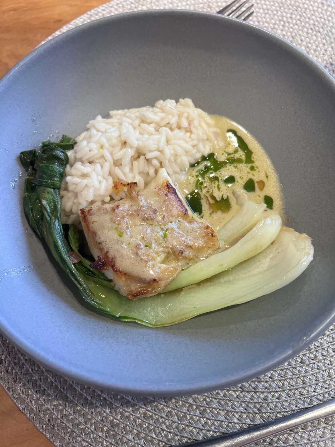 halibut, green curry, sunchoke risotto, blistered bok choy