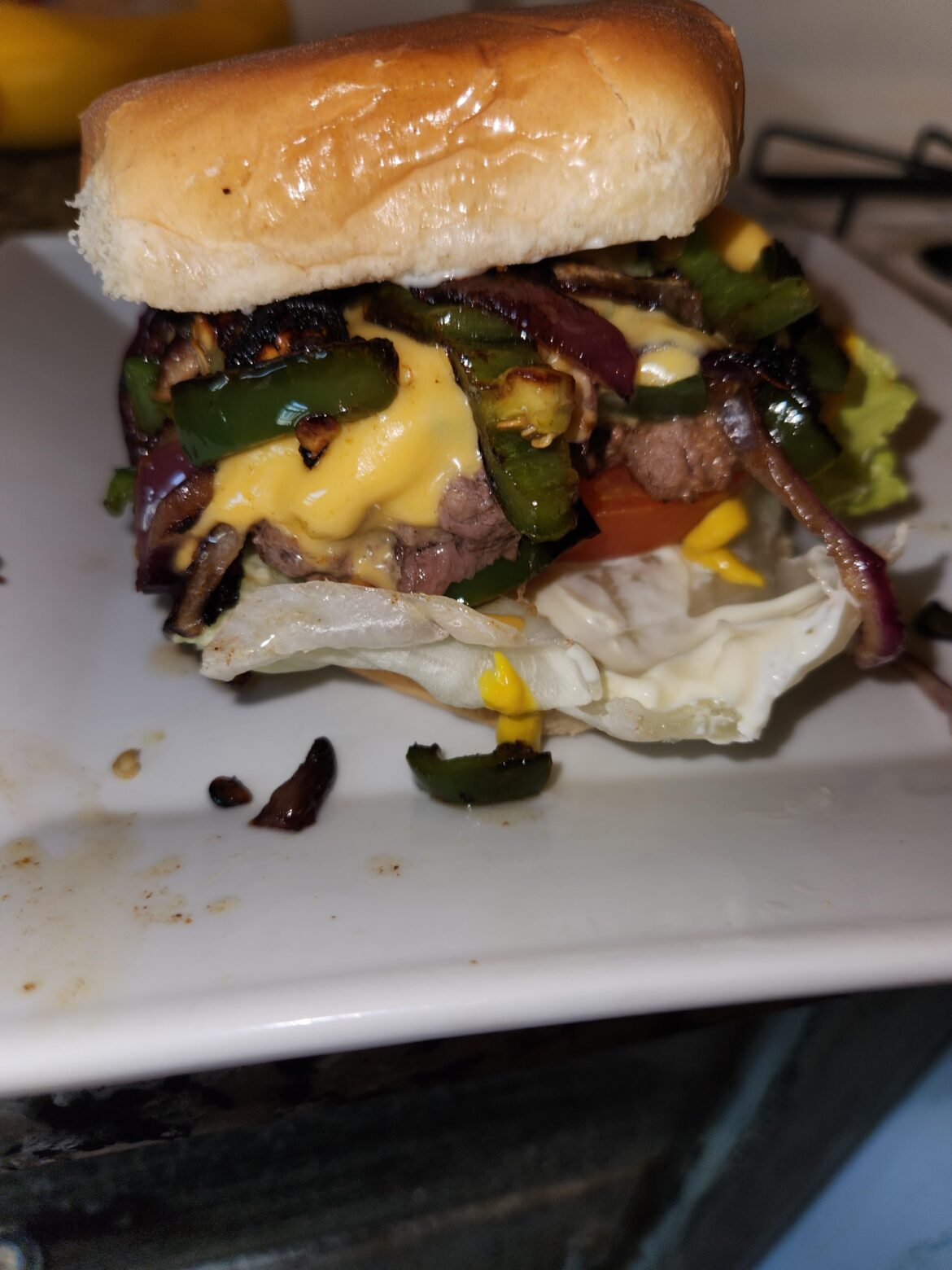 Jalapeño onion burger w lettuce, tomato Duke's mayo and mustard