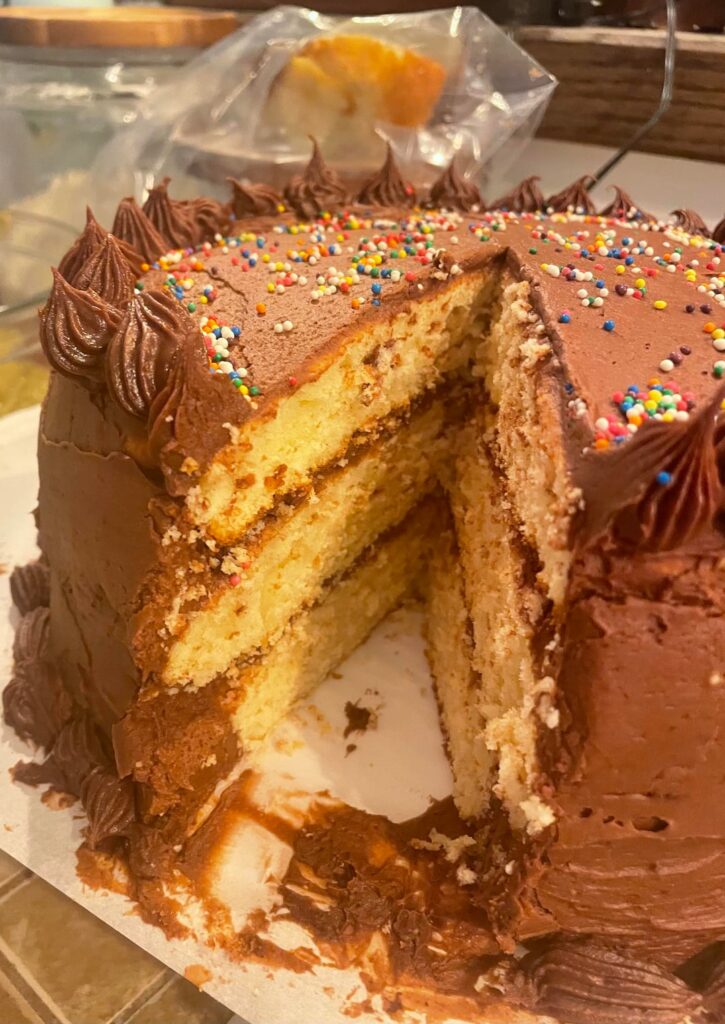 Birthday cake for my dad, a lover of yellow cake and chocolate frosting