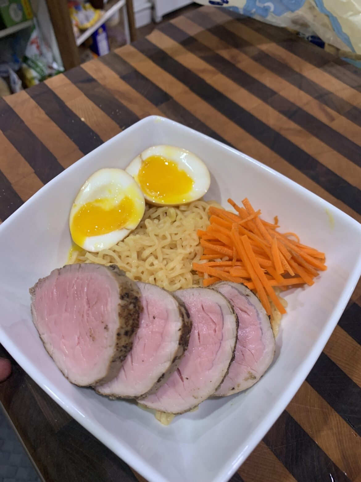 Sous eggs, quick picketed carrots and pork tenderloin