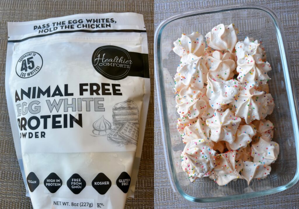 I tried the new animal-free egg white powder (9 grams of protein, 40 cal per 2 Tbsp). It's the same protein (albumen) as in eggs, but it's made from precision fermentation. It's 10/10. Bakes just like I remember (meringues in right pic).