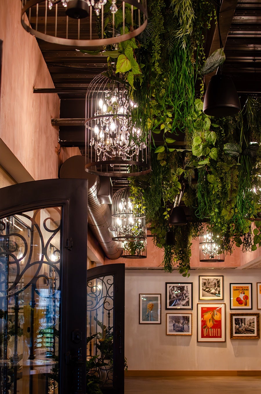 A stylish interior space featuring black metal-framed glass doors with intricate scrollwork. The ceiling is adorned with hanging greenery and multiple chandeliers encased in birdcage-like metal frames, emitting warm light. The walls are decorated with framed artwork and photographs, adding a cozy and artistic touch to the room. The overall ambiance combines natural elements with elegant lighting and decorative details.