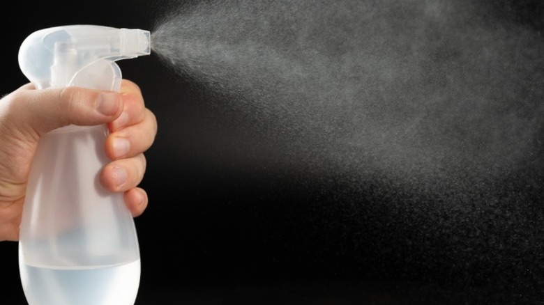 a hand spraying water from a clear spray bottle against a black background
