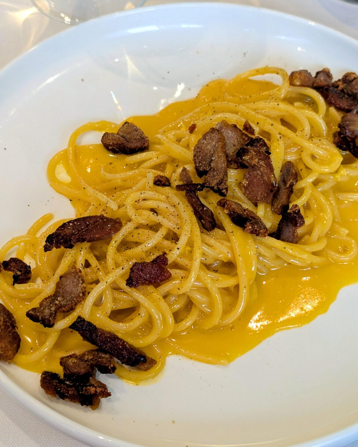 Carbonara with tuna bacon (cured tuna belly)