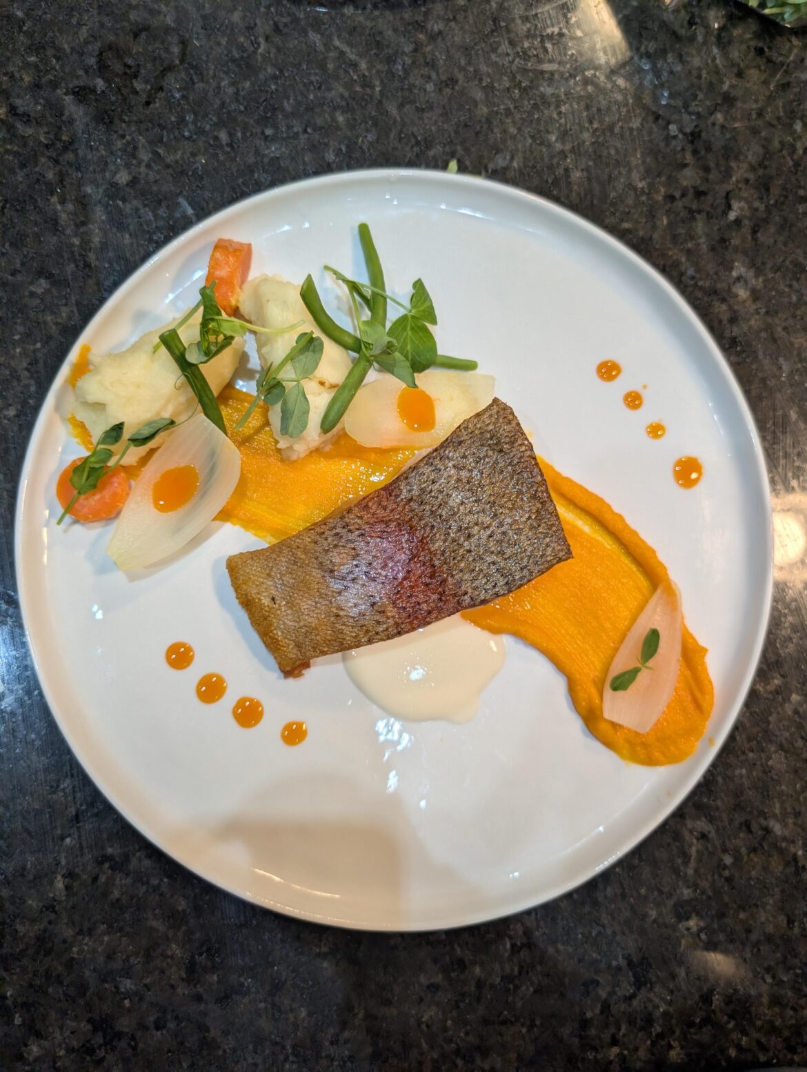 Crispy skin salmon, carrot puree, green beans, onions with chili oil, mash with lemon rum cream sauce.