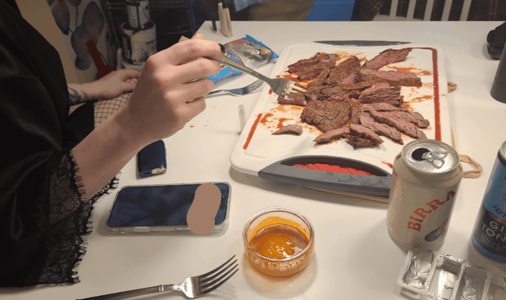 Drunk outdoor fire cooked steak with wife, sadly no glitter