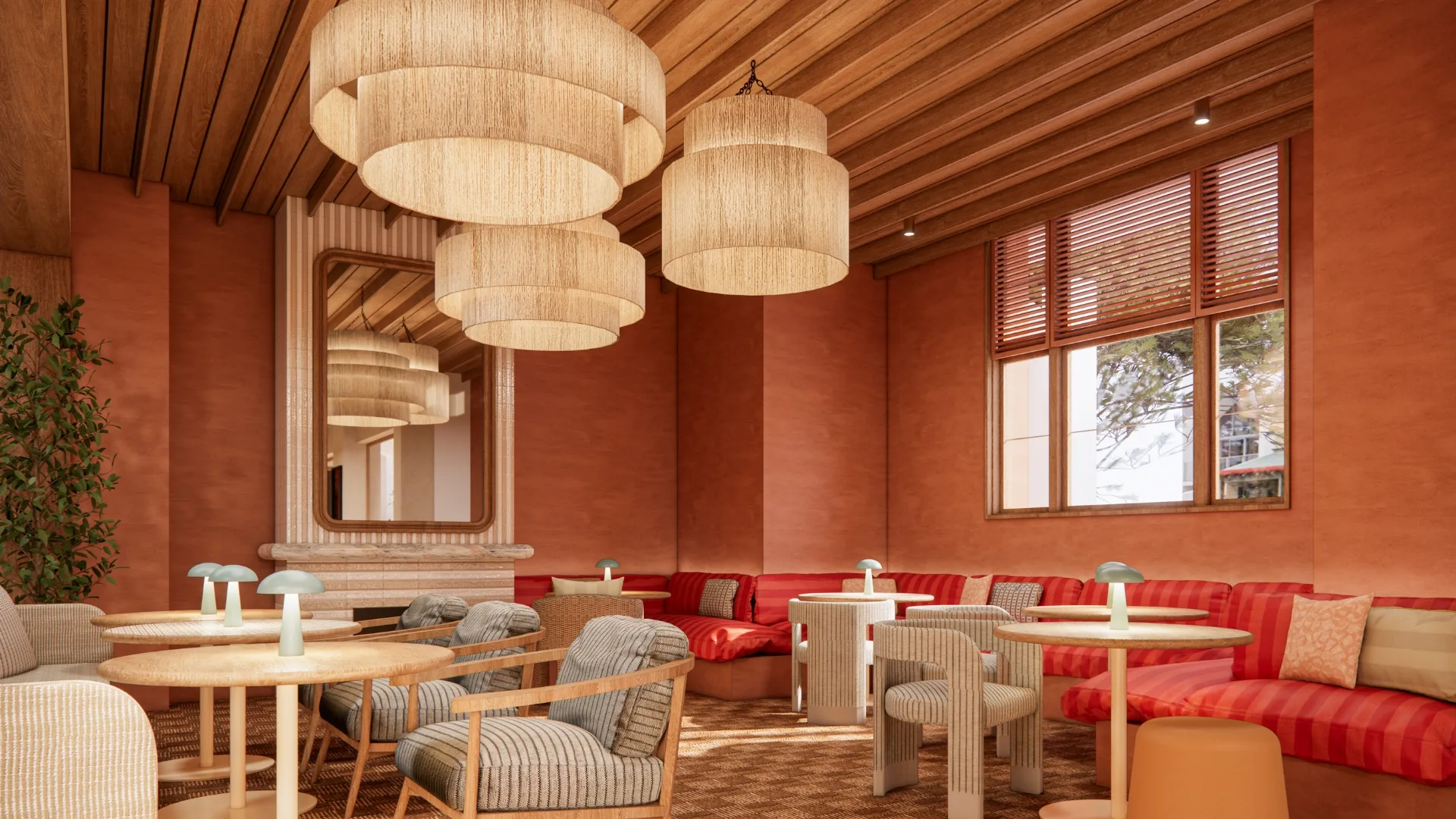 Striped banquettes and modern furnishings bring the party to Tigerfish 