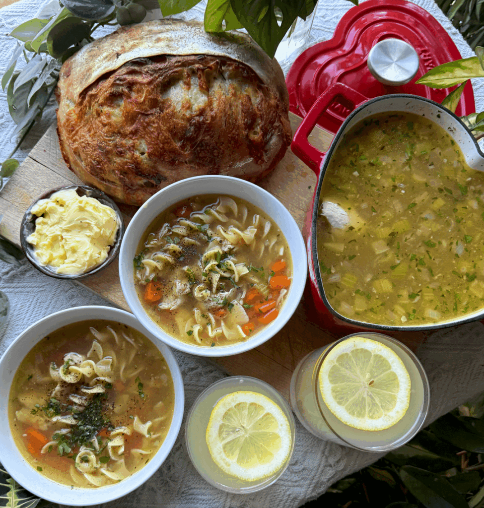 Homemade chicken noodle soup + freshly baked havarti/sharp cheddar dill sourdough for dinner tonight