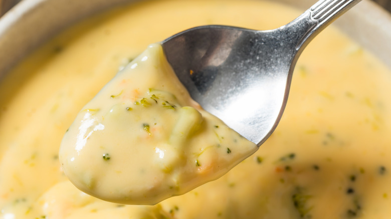 a silver spoon with broccoli and cheddar soup