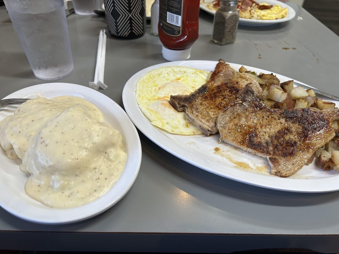 Pork chops breakfast, local diner