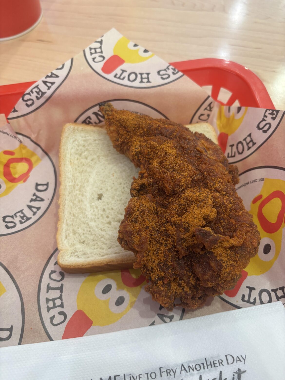 First time ever trying Dave’s Hot Chicken. Got a reaper tender. Definitely got one of the less-spicy ones, it wasn’t world-ending hot.