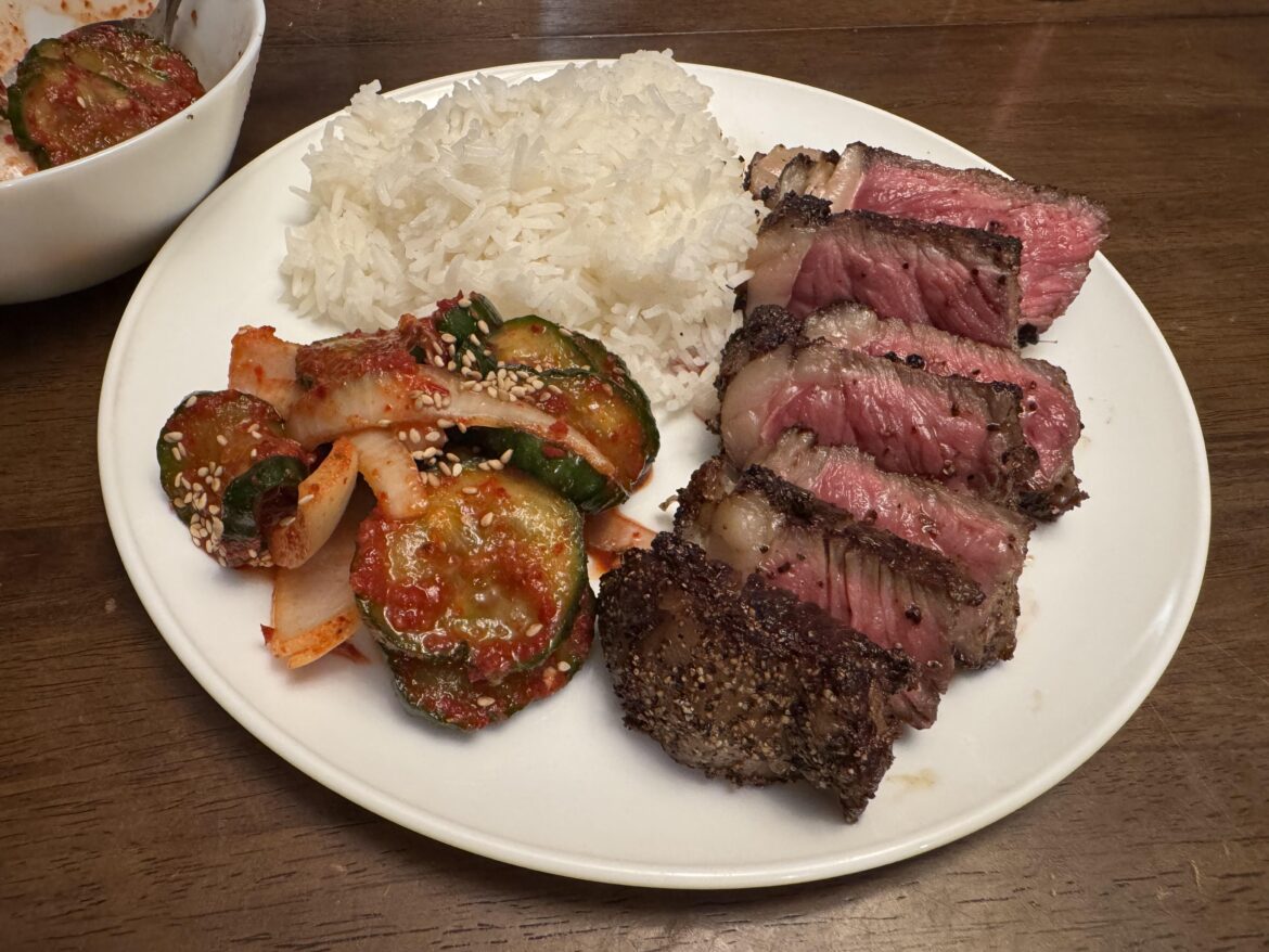 Costco ribeyes and oi kimchee