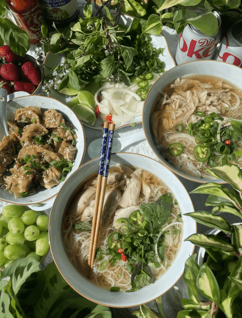 Homemade chicken pho and pork dumplings for dinner tonight