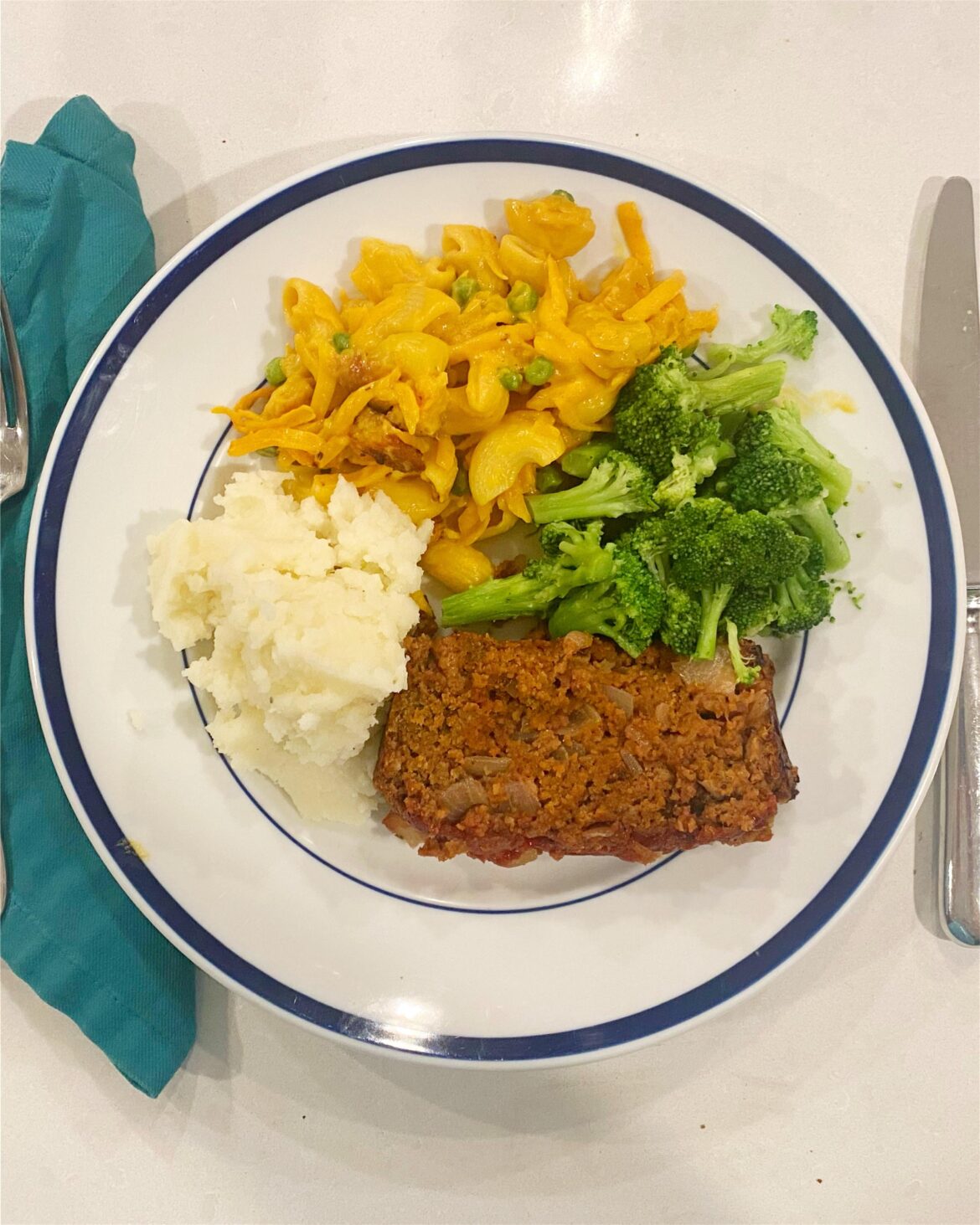 Seitan Meatloaf, Vegan Mac & Cheese, Vegan Mashed Potatoes, & Steamed Broccoli