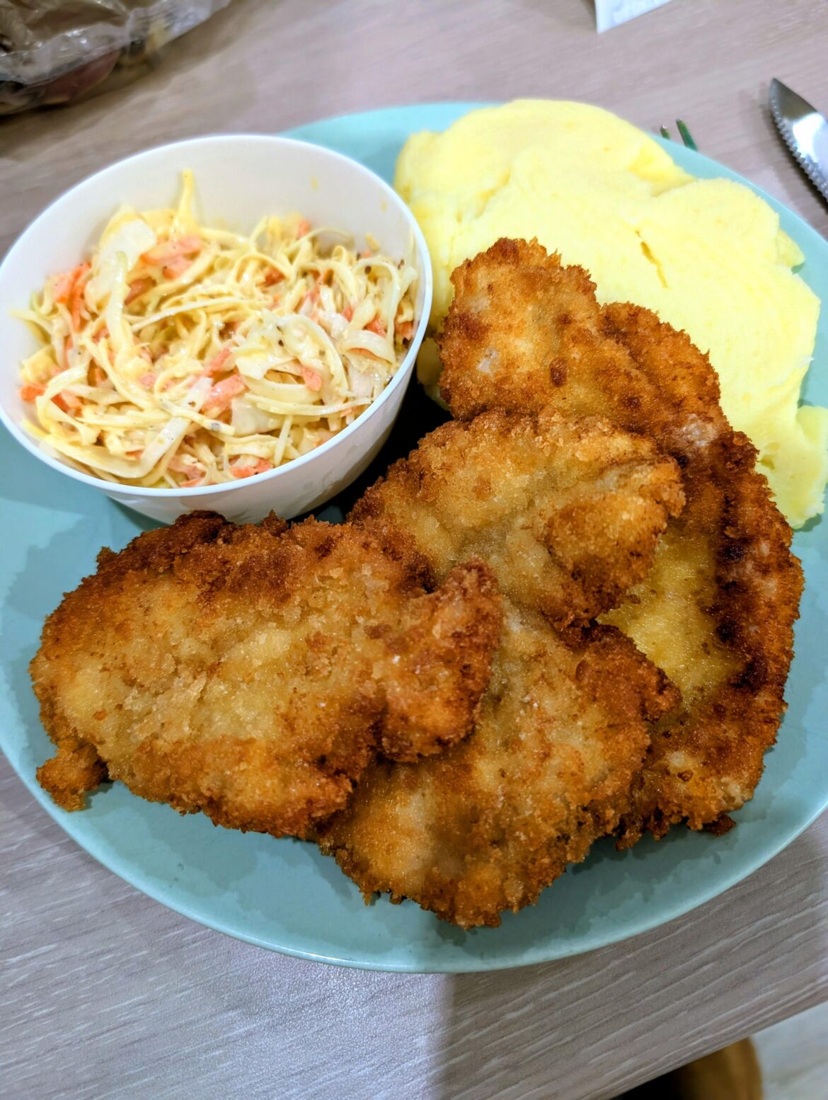 Chicken schnitzel, creamy mashed potato and a honey mustard coleslaw (all homemade)
