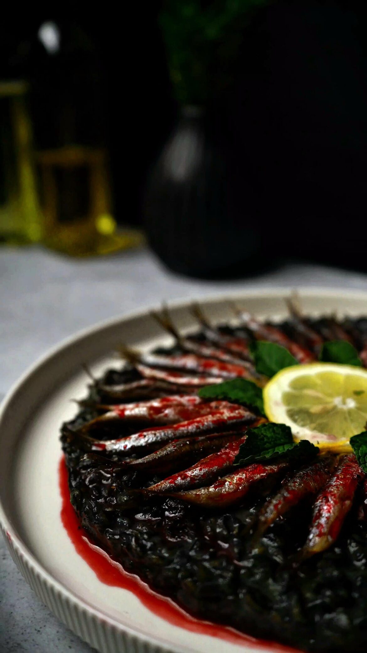 Black Risotto with Sardines and Pomegranate honey