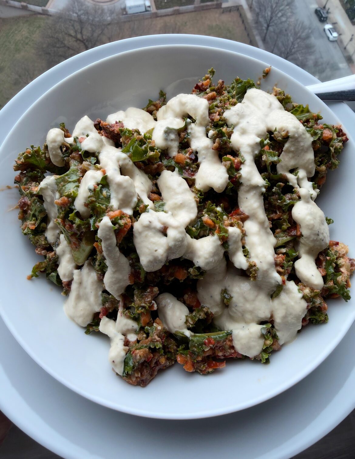 Delectable Raw Kale Salad featuring a Homemade Cashew Cream Dressing