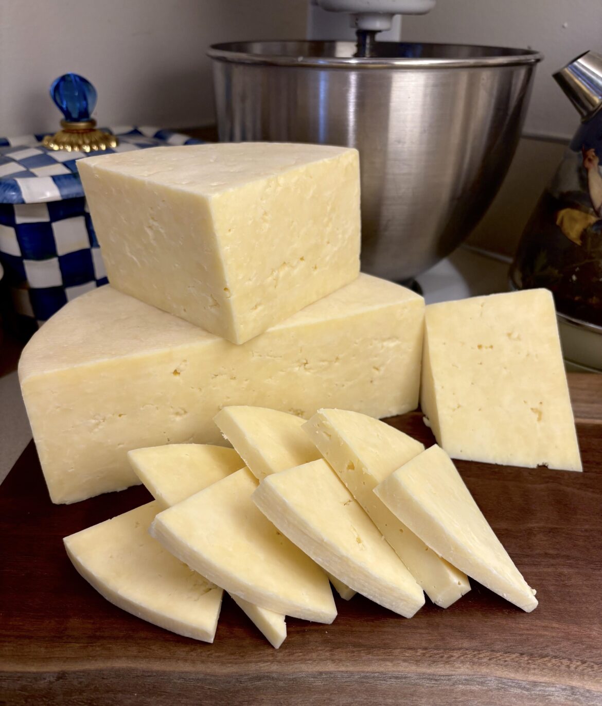 Homemade Derby inspired cheese. A cousin to Cheddar with a shorter maturation time. Great cheese for aging just two months! I’ll add sage next time to make the classic.