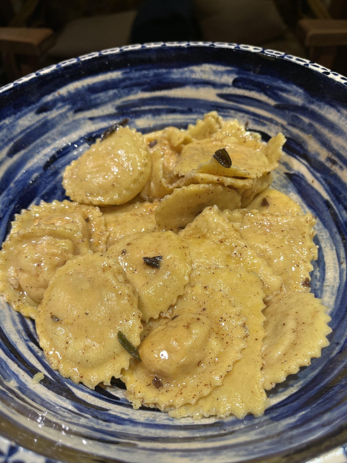 Homemade butternut squash and caramelized onion ravioli with sage brown butter